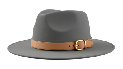 Grey Fedora Hat with Tan Leather Band and Gold Buckle