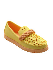 Yellow woven loafer with orange accents, sole, & interior on black background