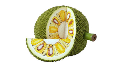 Cross-section of a ripe Jackfruit showing fleshy bulbs and seeds