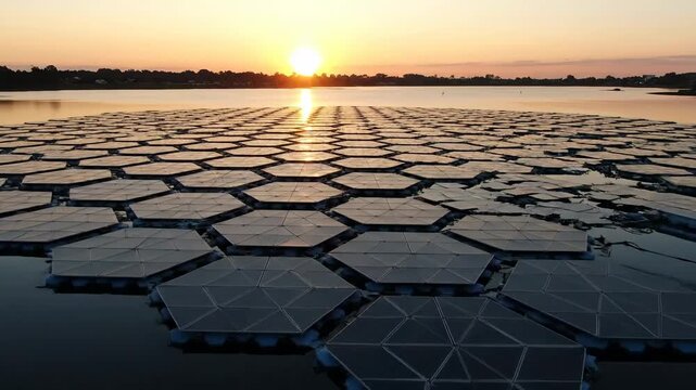 Floating solar panels on lake at sunset, renewable energy technology concept.