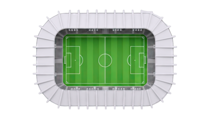Top-down view of a modern football stadium with a green field