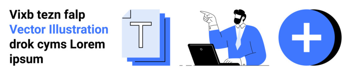 Obraz premium Office productivity, technology, medical assistance, online communication, visual design, web services. A laptop user, a text icon and a medical cross symbol. Office productivity and technology