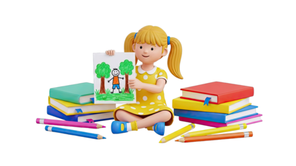 Child holding drawing with books and pencils