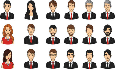 Professional Business Avatar Collection Featuring Diverse Men and Women in Suits and Formal Office Attire.