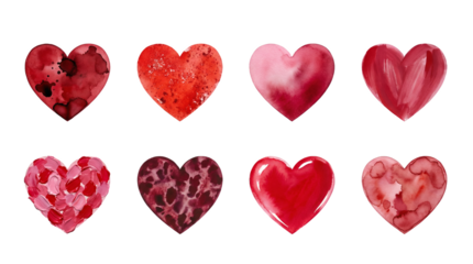 Red heart set including watercolor, oil paint, textured, and patterned illustrations isolated. Artistic romantic and valentines day collection.