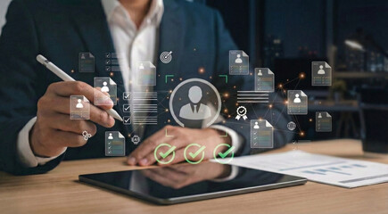 Recruitment process in HR management using AI technology to analyze data, review, screen candidate resume, job interview, and select top talent profiles for career success and hiring efficiency