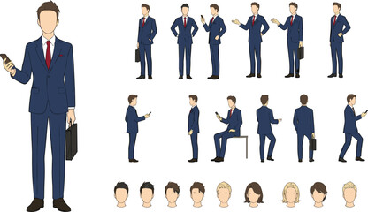 Professional Businessman Character Set in Dark Blue Suit Holding Smartphone with Various Poses and Facial Hairstyles.