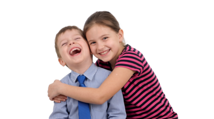 Happy children hugging and laughing, capturing a moment of pure sibling joy