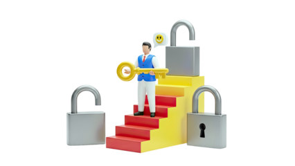 Man with Key on Stairs Between Unlocked Padlocks