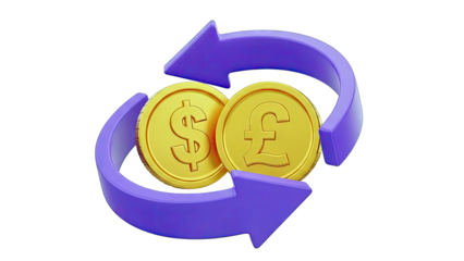 Dollar and Pound Coins with Exchange Arrows