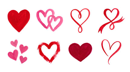 Red heart set including watercolor painted brush stroke and ribbon loop variants isolated. Romantic valentine and love design collection.