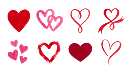 Red heart set including watercolor painted brush stroke and ribbon loop variants isolated. Romantic valentine and love design collection.