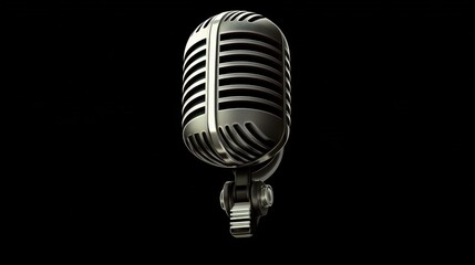 Fototapeta premium Vintage Microphone Icon: The iconic vintage microphone, an emblem of audio history, stands poised against a stark black backdrop, its intricate design radiating timeless charm.