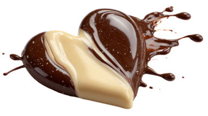 Chocolate heart shaped splash with swirl of dark and white frosting on transparent
