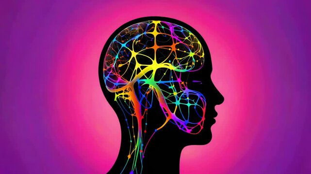 Striking silhouette profile showcasing a vibrant, abstract, multicolored neural network visualization within the human brain structure symbolizing cognition and interconnected thought processes.