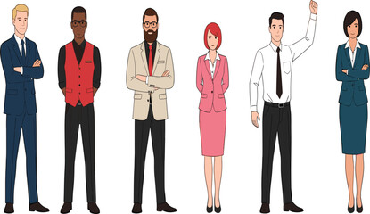 Diverse Business Professional Character Set Featuring Men and Women in Formal and Casual Office Attire.