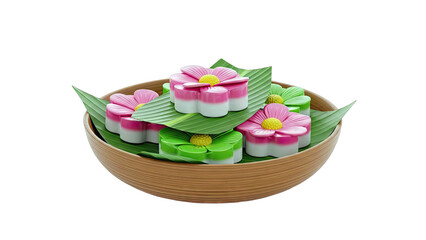 Flower-shaped desserts in a wooden bowl with banana leaves