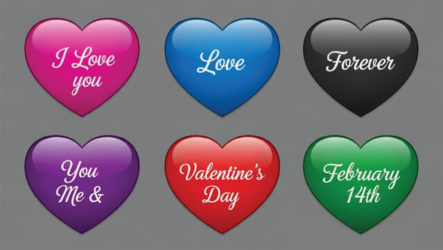 A collection of six heart shapes, each with a different color and a romantic message written in script font, set against a neutral gray background.