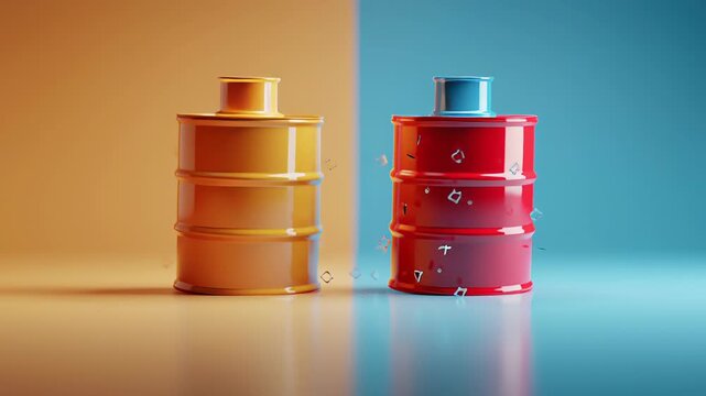Oil market power struggle, abstract forces pulling an oil barrel in opposite directions, clean modern composition, business editorial tone, oil war