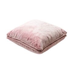 Soft square pillow in blush pink velvet, gently angled on a dark background