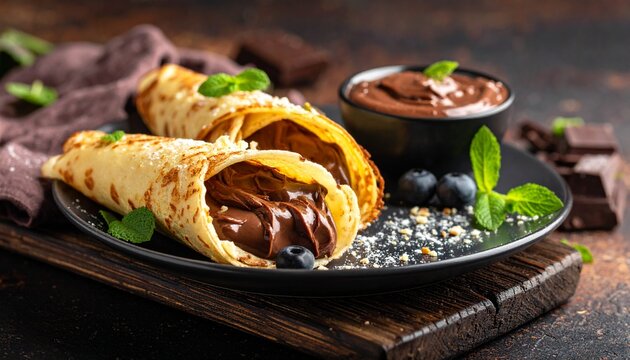 Delicious Chocolate Crepes with Mint and Chocolate Sauce on a Plate.