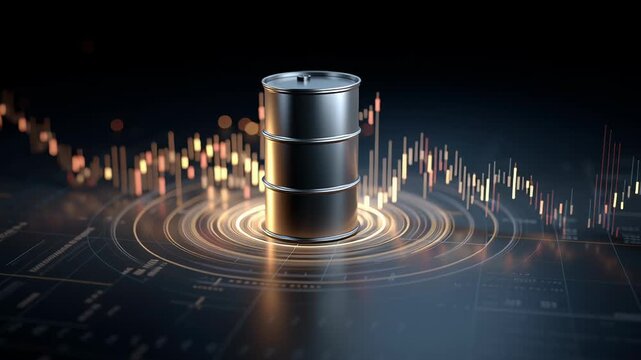Oil market volatility concept illustration, oil barrel surrounded by layered transparent charts, controlled lighting, uncluttered professional composition, oil price volatility