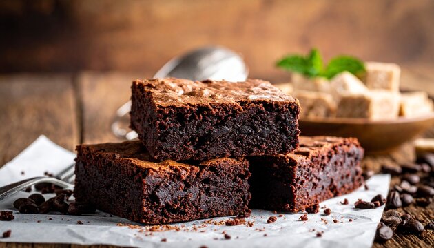 Delicious Chocolate Brownies Stacked on Parchment Paper with Coffee Beans.
