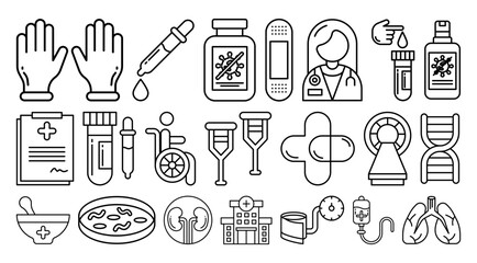 A professional healthcare icon set including medical tools, doctor symbols, hospital elements, treatment icons, and pharmaceutical graphics in clean outline style.