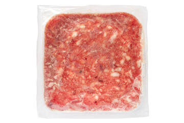 Frozen minced meat in vacuum packaging. Packaging of minced meat isolated on a white background