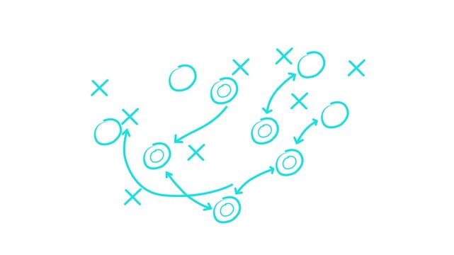 Game Plan Blueprint: Hand-Drawn Strategy with Xs & Os - Tactical Play, Chalkboard Concept, Sports, Coaching, Planning. Motion graphics of technology line circuit idea.