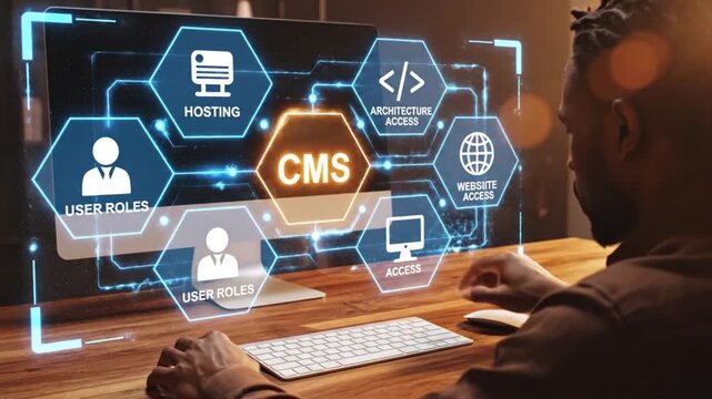 A professional examines a computer display showcasing cms components like hosting user roles and architecture access indicating digital solutions