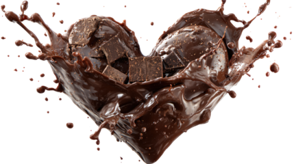 Dark chocolate heart splash with chocolate pieces on transparent background studio