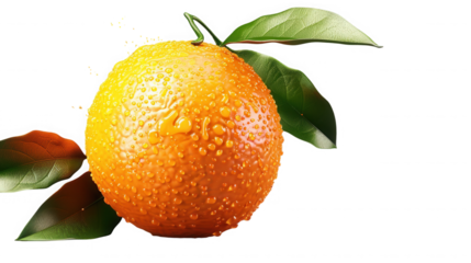 Highly detailed photograph of a bumpy textured exotic citrus fruit covered completely in glistening fresh water droplets with vibrant green leaves on transparent background