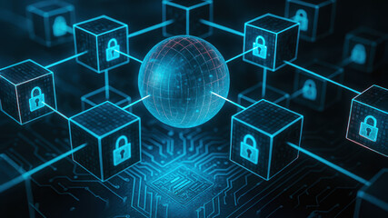 Blockchain network security lock encryption digital privacy rights data technology cyber protection sphere glow blue circuit computer internet node system information secure code access firewall
