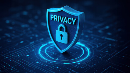 Digital privacy rights security shield lock protection data network cyber encryption glow futuristic concept secure information access control technology safety blue background digital privacy