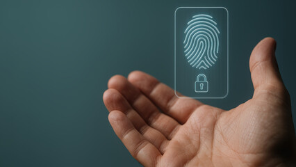 Digital fingerprint privacy rights security hologram virtual lock biometric authentication innovation hand technology concept background integrity confidence