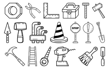 A bold hand-drawn construction tool icon set featuring hammers, drill, ladder, wrench, traffic cone, stop sign, and building equipment for construction and repair themes.