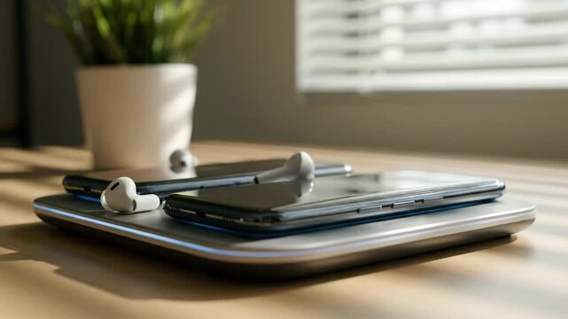 Still life with two smartphones, wireless headphones, and houseplant on a table. Tech and lifestyle concept.