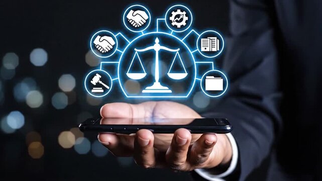 A hand presenting a smartphone displaying a glowing digital representation of justice and legal services with icons symbolizing law and order
