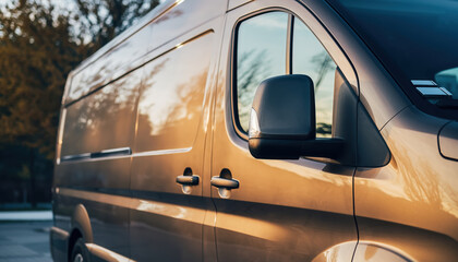 Delivery van side view mirror road eco friendly modern transport logistics vehicle sunset reflection outdoor urban street parking commercial cargo
