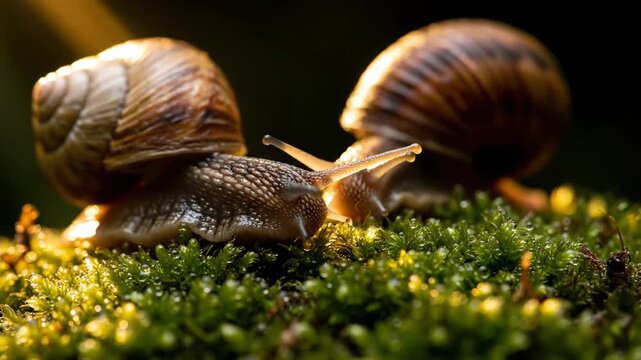 Two snails with shells crawling on moss, nature wildlife, close up shot.