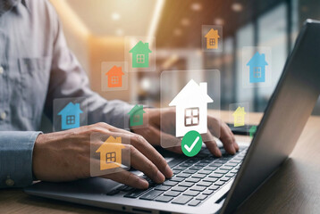 Smart property selection interface, user choosing house on laptop using digital platform, showcasing real estate listing decision process, home investment strategy, and housing search in online market