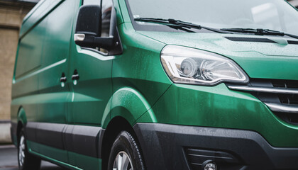 Fototapeta premium Green delivery van eco friendly transport under soft rain parked in urban street closeup front side wet surface modern logistics vehicle service concept