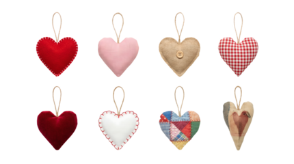 Heart ornaments set including felt, linen, burlap, gingham, velvet, and patchwork fabric styles. Handcrafted valentines and wedding decoration collection.