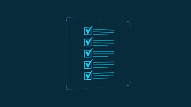 Digital Checklist: Completing tick mark document animation on black background. Efficient Workflow, Productivity & Compliance Concept. 4k