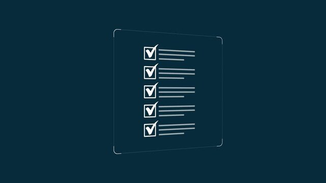 Digital Checklist: Completing tick mark document animation on black background. Efficient Workflow, Productivity & Compliance Concept. 4k