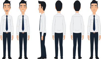 Male Business Professional Character Set in White Shirt and Tie with Front, Side, and Back Views.