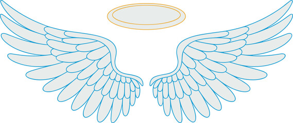 Detailed angel wings graphic outline illustration with golden halo heavenly spiritual symbol design for religious themed events and designs minimalist vector art angelic protection and guidance for fa