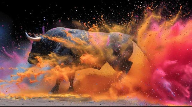 Bull charging through colorful powder explosion