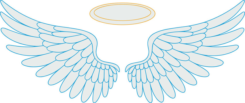 Detailed angel wings graphic outline illustration with golden halo heavenly spiritual symbol design for religious themed events and designs minimalist vector art angelic protection and guidance for fa